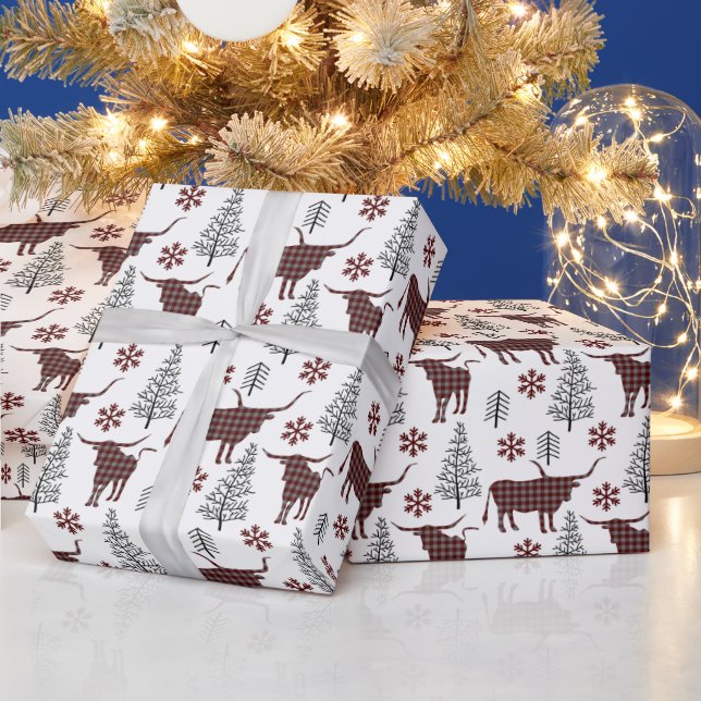 Maroon and Grey Buffalo Plaid Longhorn Pattern Wrapping Paper (Holidays)