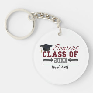 Maroon and Grey Typography Graduation Gear Key Ring