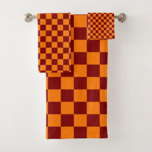 Maroon and Orange Chequered Vintage Bath Towel Set