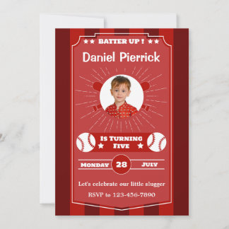 Maroon and Red Baseball 5th Birthday Party Invitation