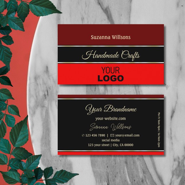 Maroon and Red Borders on Black Stylish with Logo Business Card (Creator Uploaded)