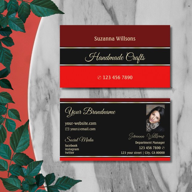 Maroon and Red Borders on Black Stylish with Photo Business Card (Creator Uploaded)