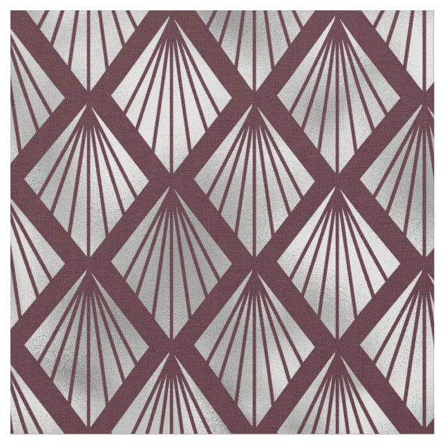 Maroon and Silver Art Deco Diamond Pattern Fabric (Close Up)