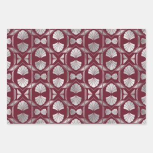 Maroon and Silver Art Deco Shell Pattern Wrapping Paper Sheet
