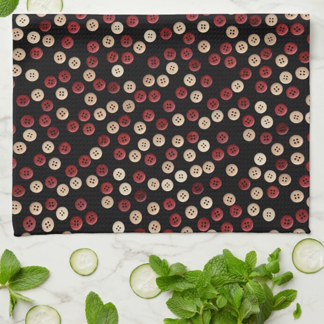 Maroon and Tan Coloured Button Pattern Tea Towel (Folded)