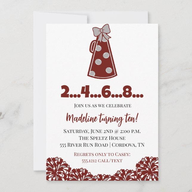 Maroon and White Cheer Birthday Invitations (Front)