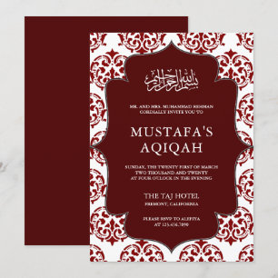 Maroon and White Damask Islamic Aqiqah Ceremony Invitation