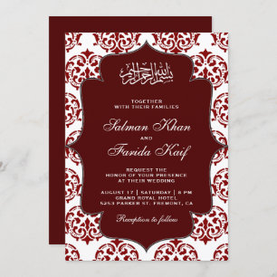 Maroon and White Damask Islamic Muslim Wedding Invitation