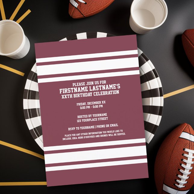 Maroon and White Jersey Stripes Birthday Party Invitation (Birthday Party Invitation - Sports Theme - Football Party Invitation)