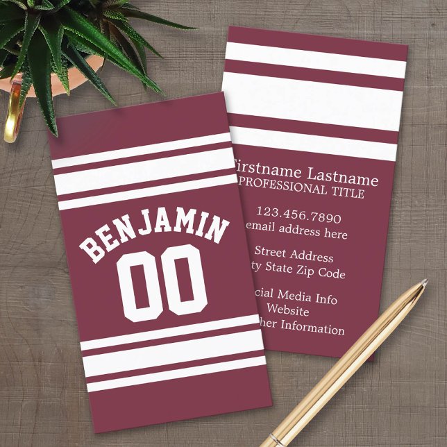 Maroon and White Jersey Stripes Custom Name Number Business Card (Custom Business Card Template)