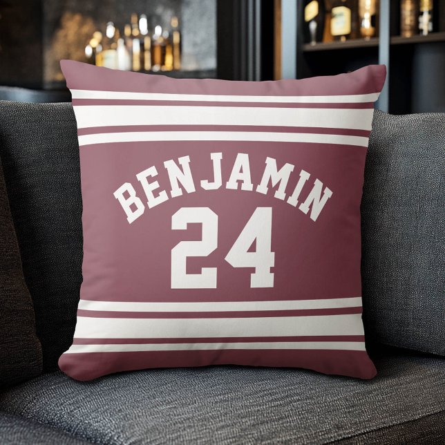 Maroon and White Jersey Stripes Custom Name Number Cushion (Custom Sporty Pillow)