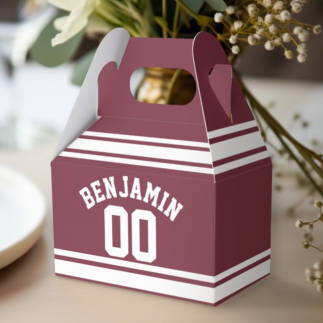Maroon and White Jersey Stripes Custom Name Number Favour Box (Personalized favor box - birthday party)