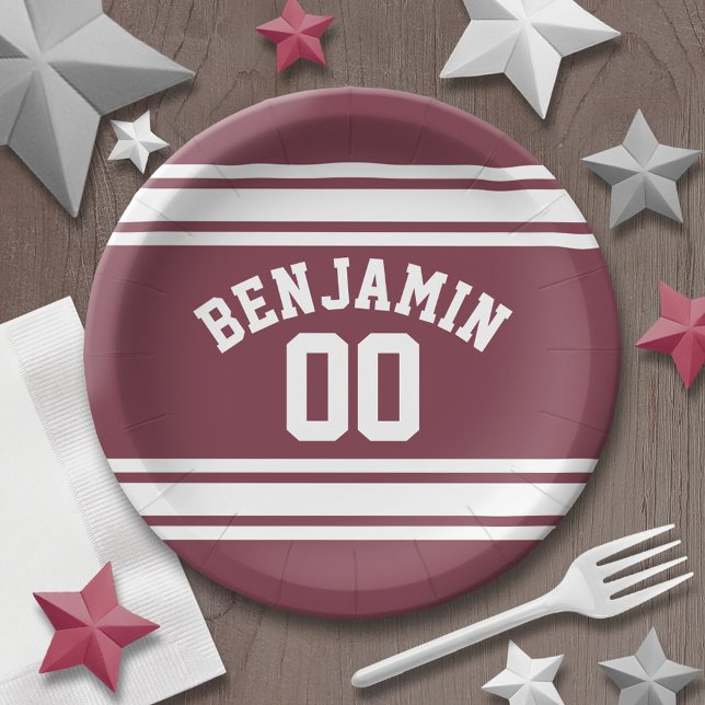 Maroon and White Jersey Stripes Custom Name Number Paper Plate (Personalized party plates - sports theme for birthday or any occasion)