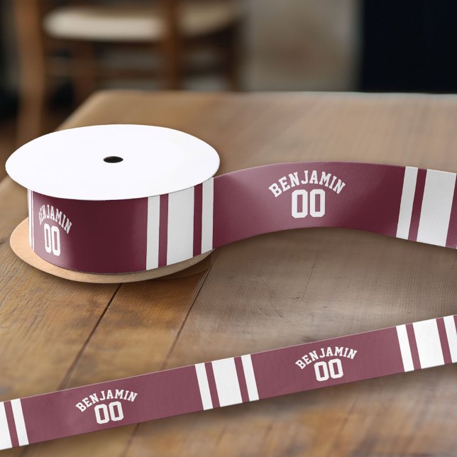 Maroon and White Jersey Stripes Custom Name Number Satin Ribbon (Custom Ribbon - add your personalized text)