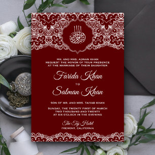 Maroon and White Lace Islamic Muslim Wedding Invitation