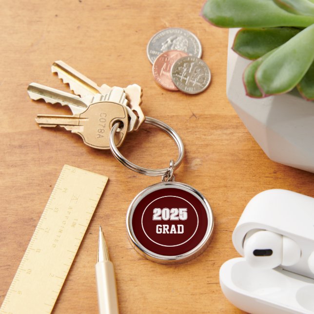 Maroon and White School Colours Grad Key Ring (Desk)