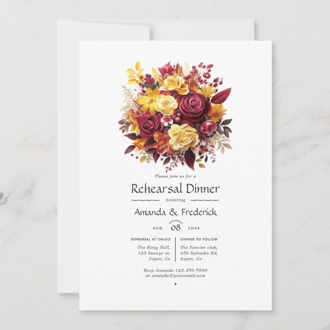Maroon and Yellow Floral Wedding Rehearsal Dinner Invitation (Front)
