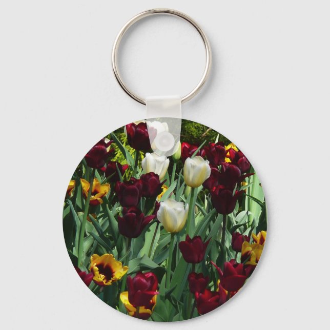 Maroon and Yellow Tulips Colourful Floral Key Ring (Front)