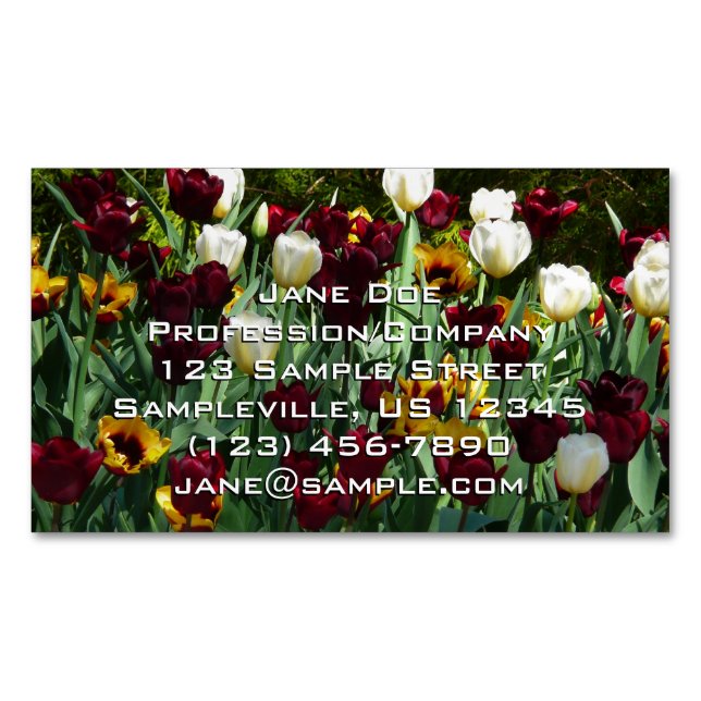Maroon and Yellow Tulips Colourful Floral Magnetic Business Card (Front)