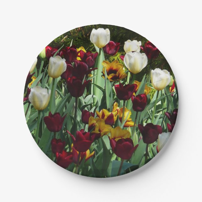 Maroon and Yellow Tulips Colourful Floral Paper Plate (Front)