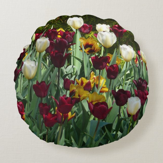 Maroon and Yellow Tulips Colourful Floral Round Cushion (Front)