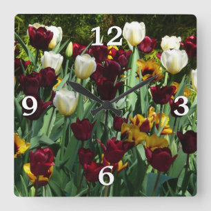 Maroon and Yellow Tulips Colourful Floral Square Wall Clock