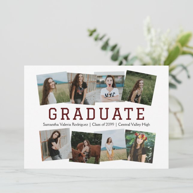 Maroon Angled Eight-Photo Graduation Announcement (Standing Front)