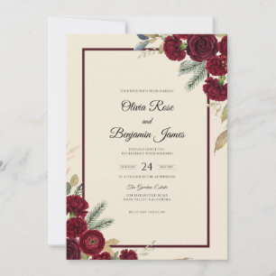 Maroon Antique Ivory Leaf Wedding Invitation