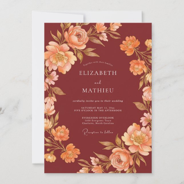 Maroon Apricot Peony Wedding Invitation (Front)