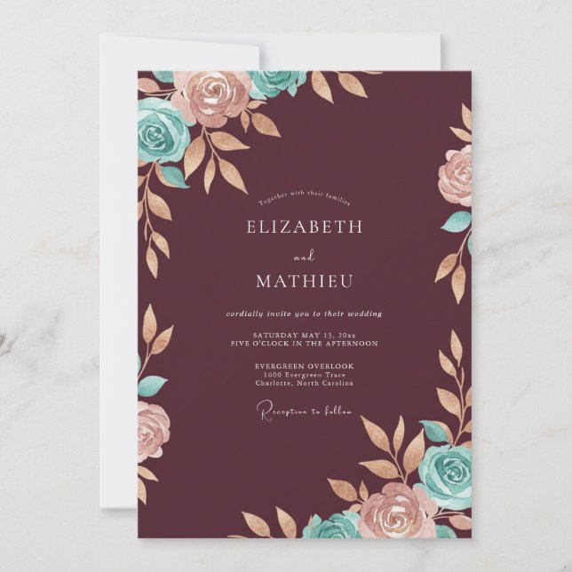 Maroon Aqua Ranunculus Eucalyptus Wedding Invitation (Front)