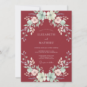 Maroon Aqua Ranunculus Muted Eucalyptus Wedding Invitation