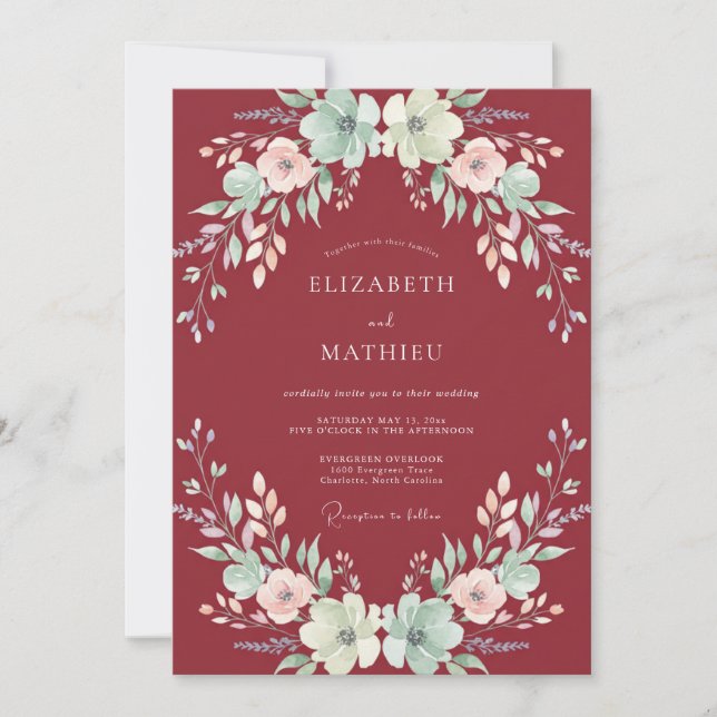 Maroon Aqua Ranunculus Muted Eucalyptus Wedding Invitation (Front)