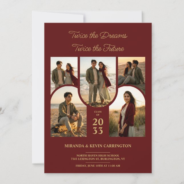 Maroon Arched Collage Double Grads Twins TMF26 Invitation (Front)