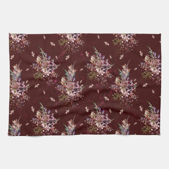  Maroon Autumn Fall Floral Kitchen Towel (Horizontal)
