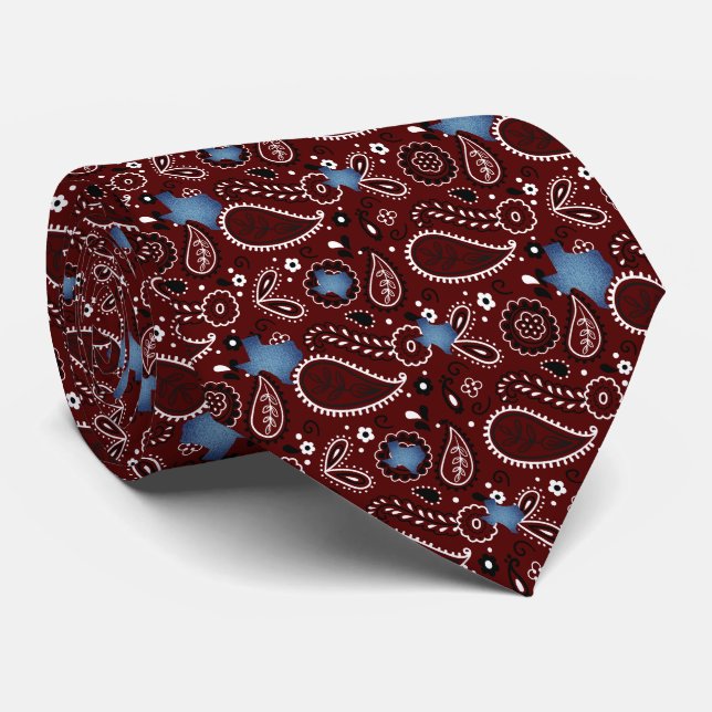 Maroon Bandanna and Denim Texas Neck Tie (Rolled)