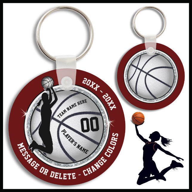Maroon, Basketball Themed Party Favours Key Ring (Maroon, Silver and Black, Personalized Basketball Team Gifts. Cheap Basketball Bag Tags for Girls. )