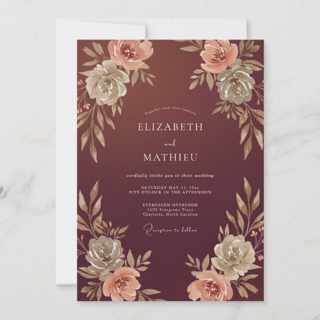 Maroon Beige Leafy Wedding Invitation (Front)
