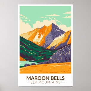 Maroon Bells Elk Mountains Colorado Vintage Poster