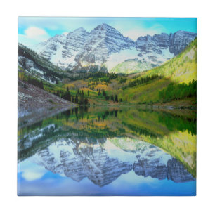 Maroon Bells reflecting in Maroon Lake Ceramic Tile