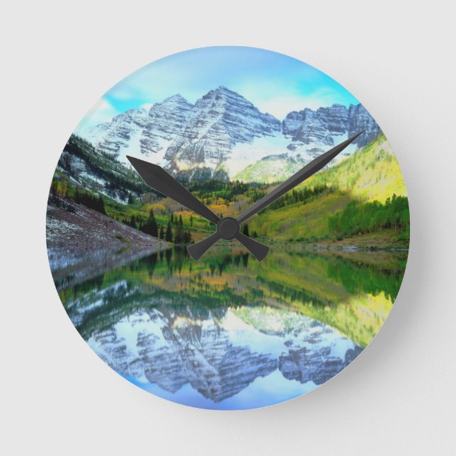 Maroon Bells reflecting in Maroon Lake Round Clock (Front)
