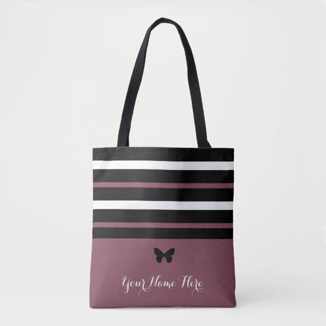 Maroon Black and White Stripes with Butterfly #1 Tote Bag (Front)