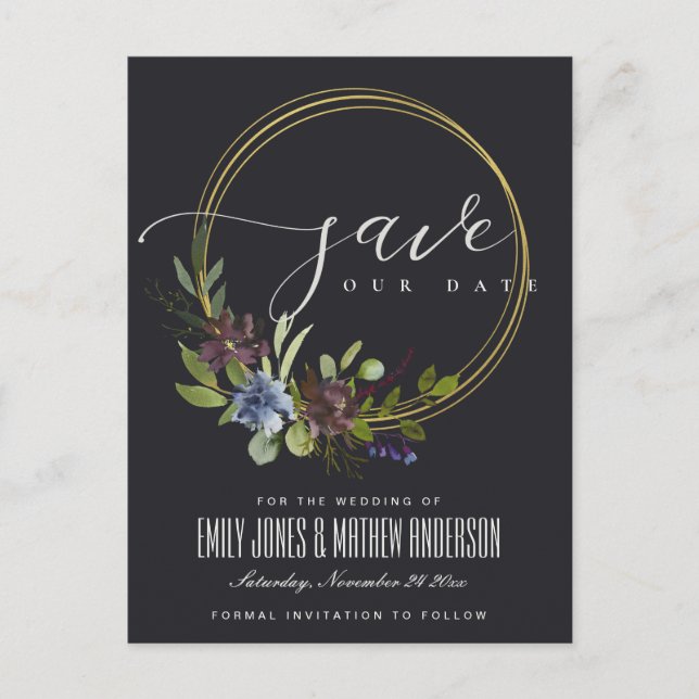 MAROON BLACK BLOOM FOLIAGE WREATH SAVE THE DATE ANNOUNCEMENT POSTCARD (Front)