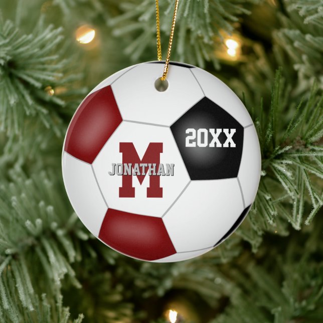 maroon black boys girls school team colours soccer ceramic ornament (Tree)