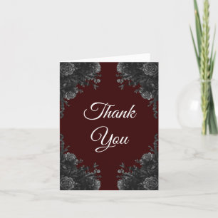 Maroon Black Elegant Floral Wedding Thank You Card