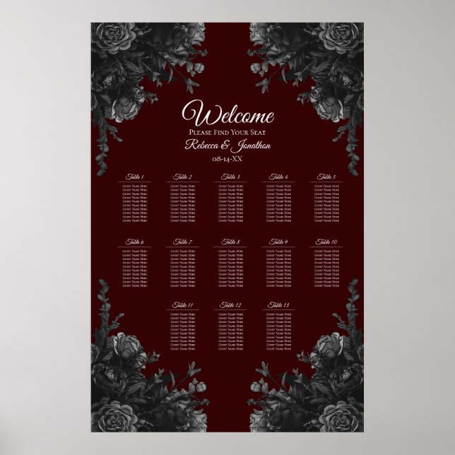 Maroon Black Grey Rose Gothic Wedding Seating Poster (Front)