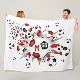 maroon black soccer balls stars girls name fleece blanket