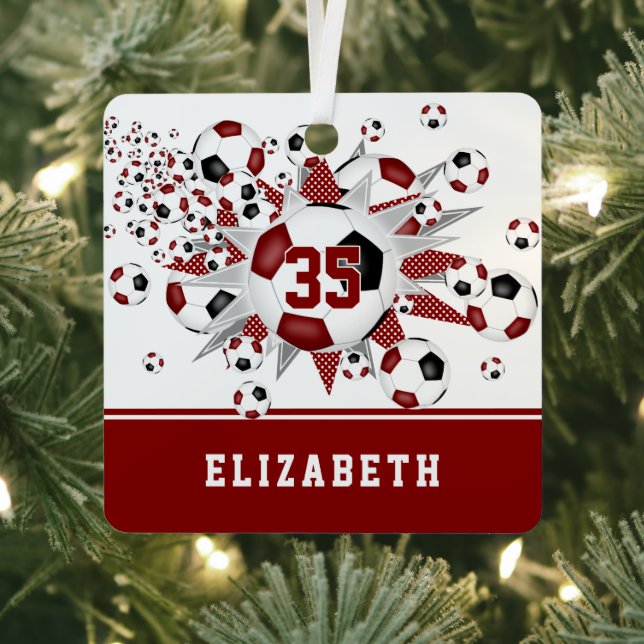 Maroon black soccer balls stars personalised  metal tree decoration (Insitu)