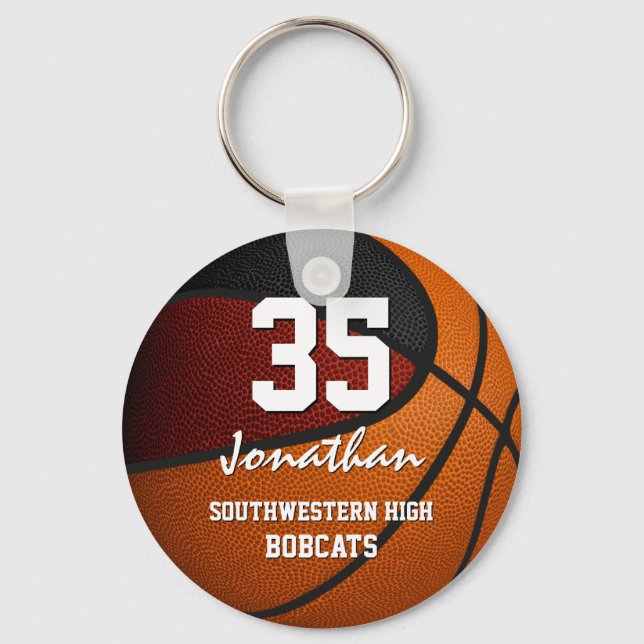 Maroon black team colours boys girls basketball key ring (Front)