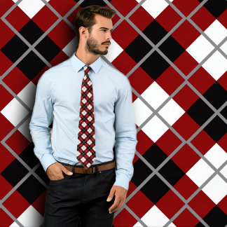 Maroon, Black, White and Grey Argyle Print Necktie