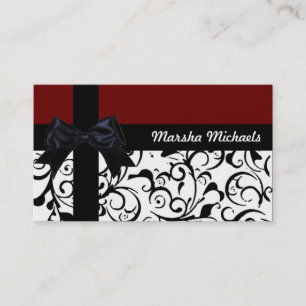Maroon black white damask custom business cards